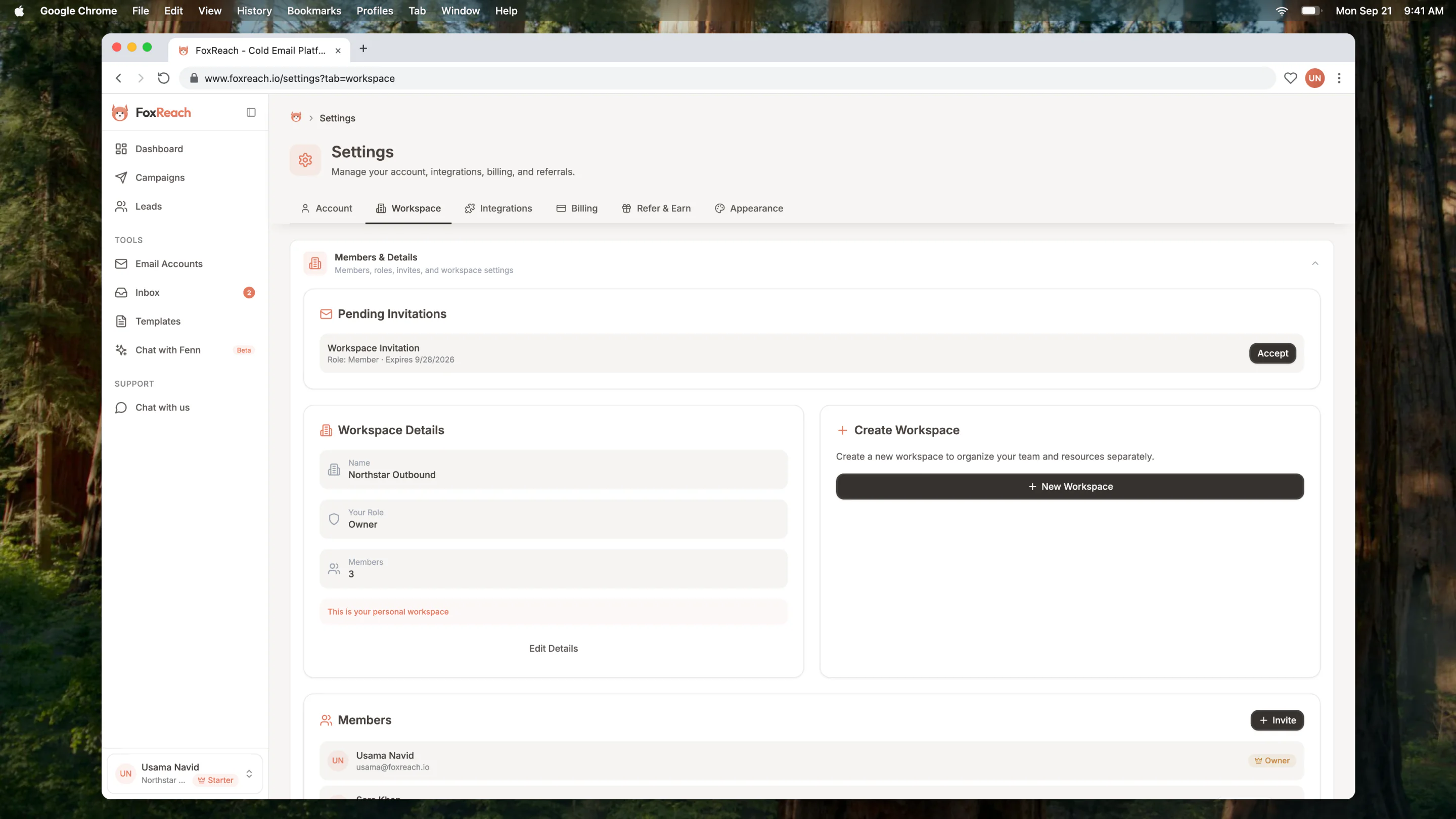 Workspace settings page with workspace details and member list