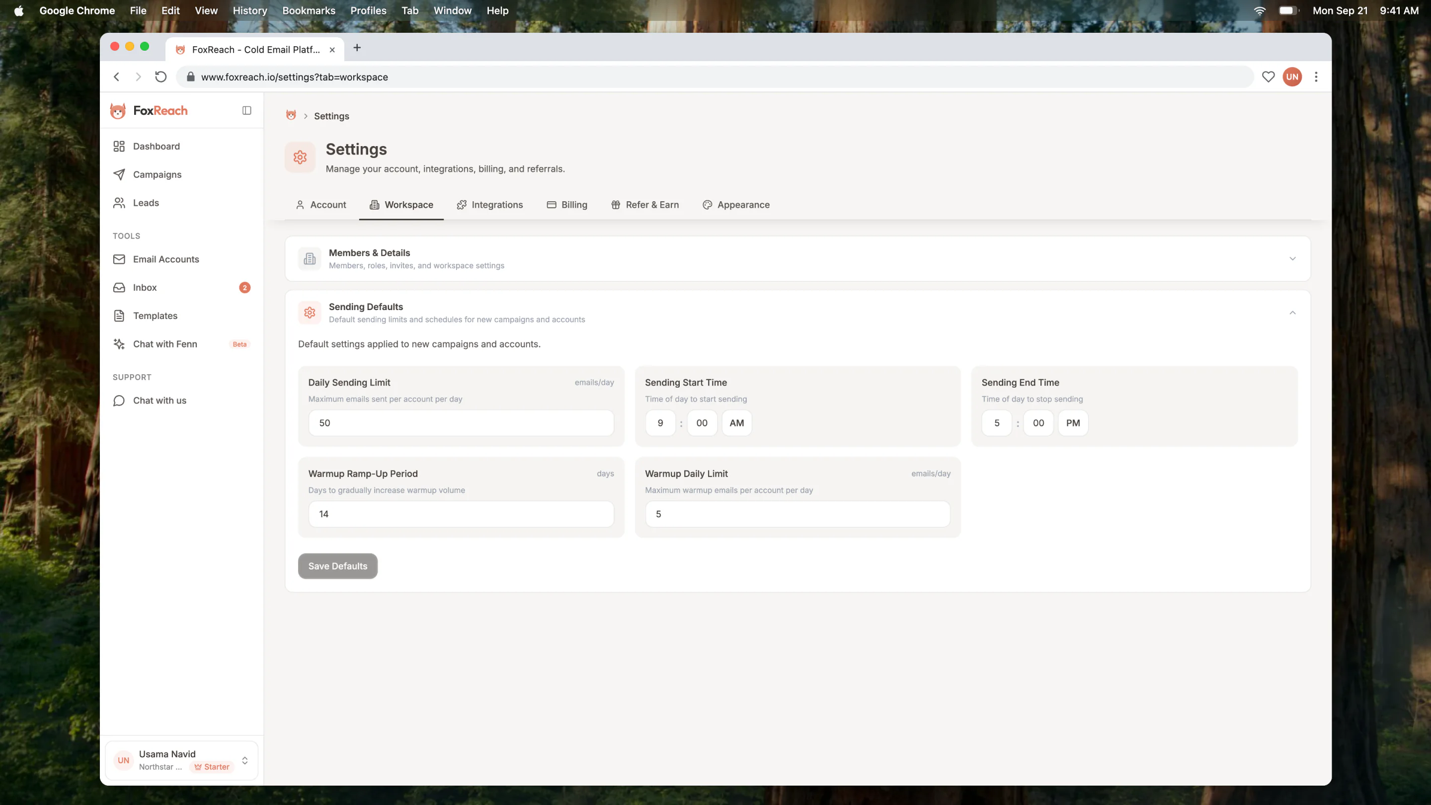 Workspace defaults with daily limit, sending hours, and warmup settings
