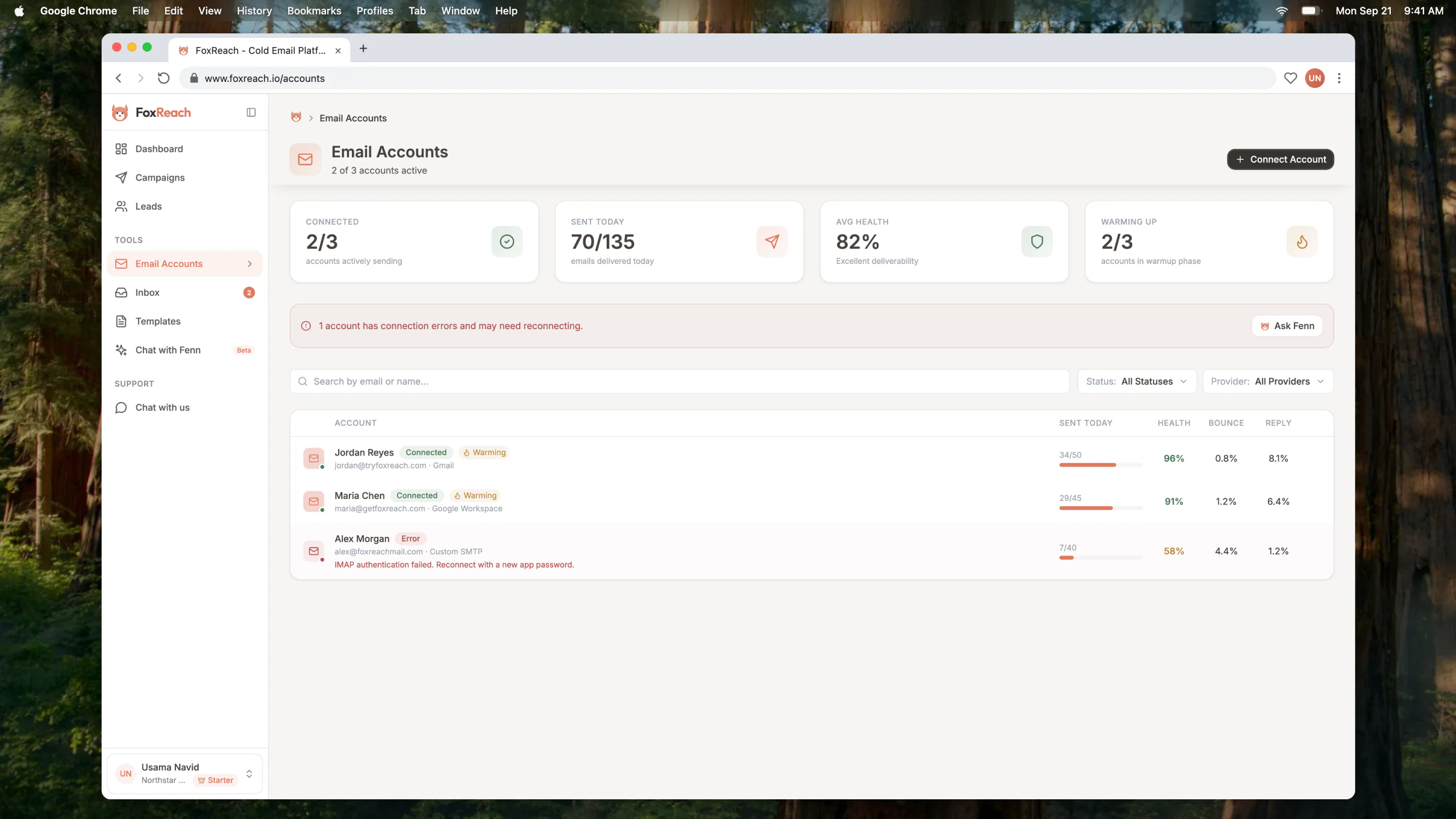 Email accounts list with connected accounts, health, and send counters