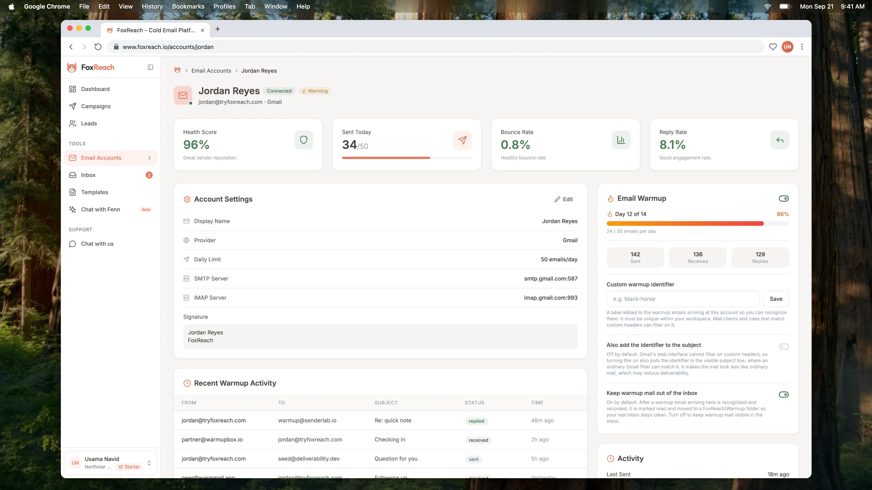 Account detail with warmup toggle, daily limit, and ramp-up settings