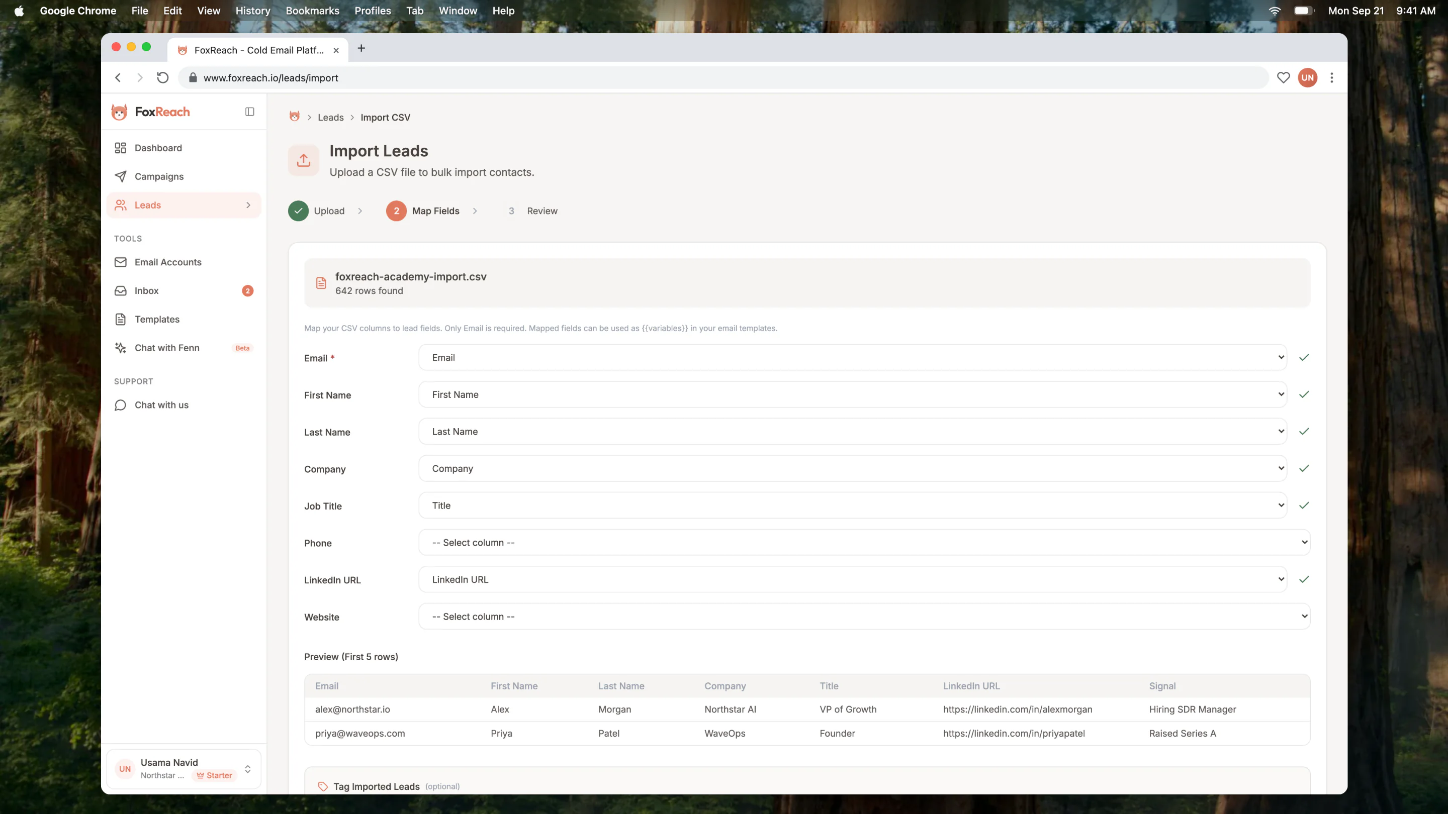CSV import mapping step with dropdowns and sample rows