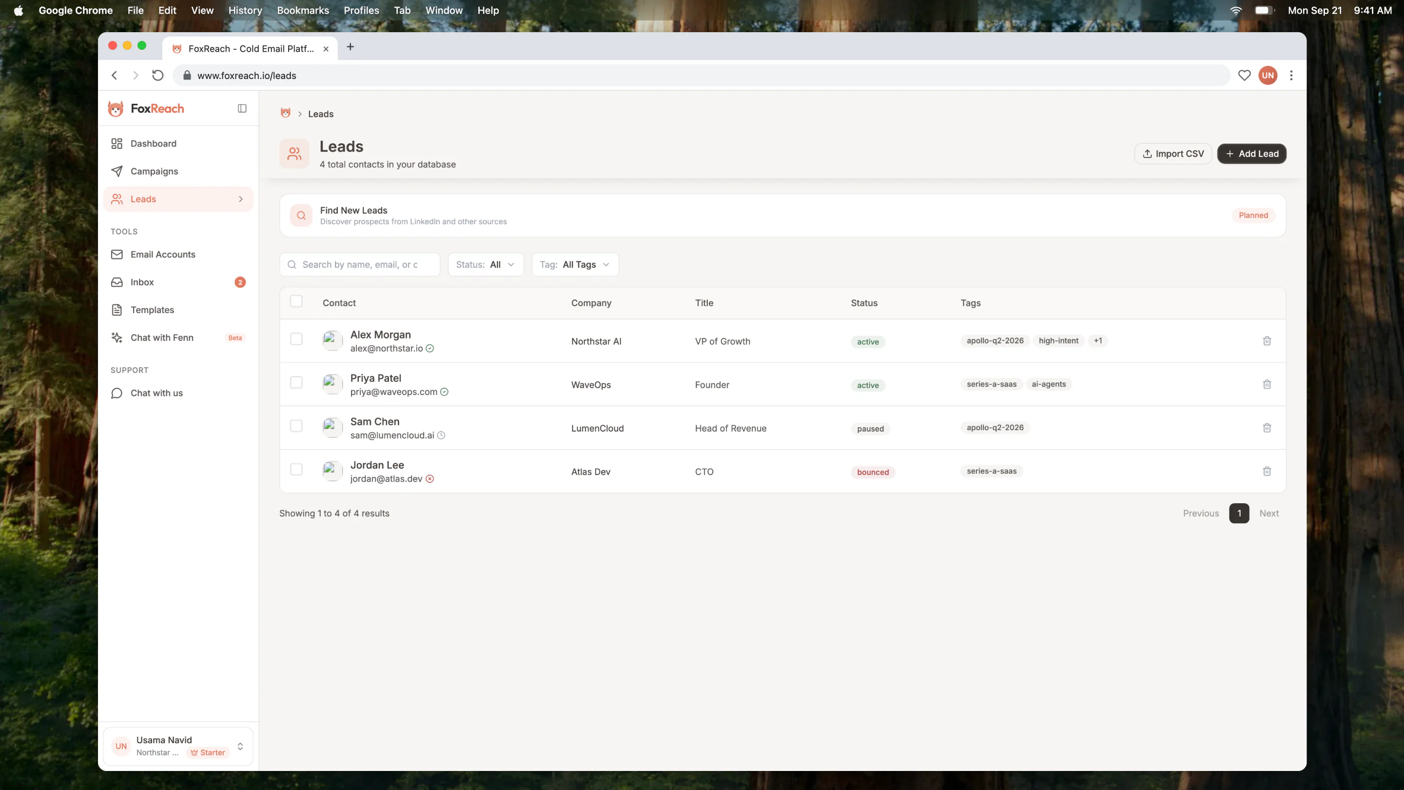 Leads list with tags, search, status badges, and bulk actions