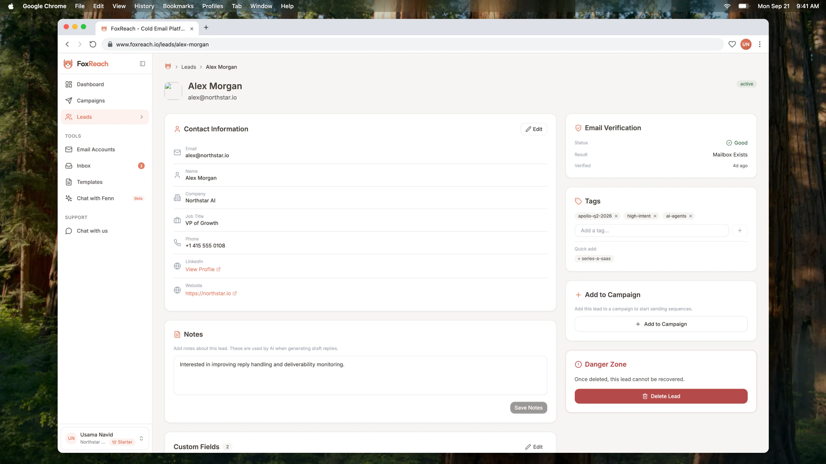 Lead detail overview with company, contact, and verification state