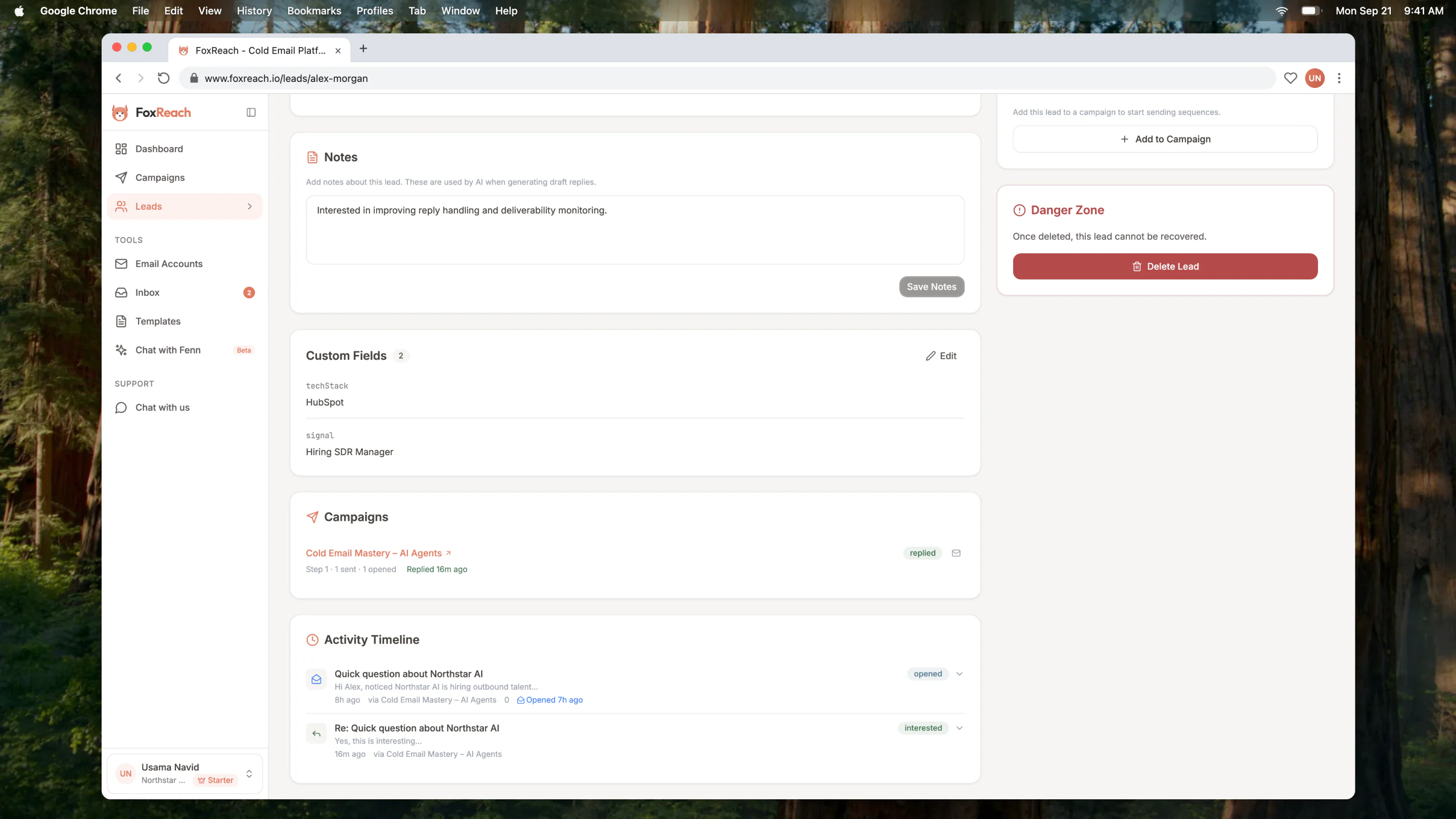 Lead activity timeline with sent emails, replies, and campaign memberships