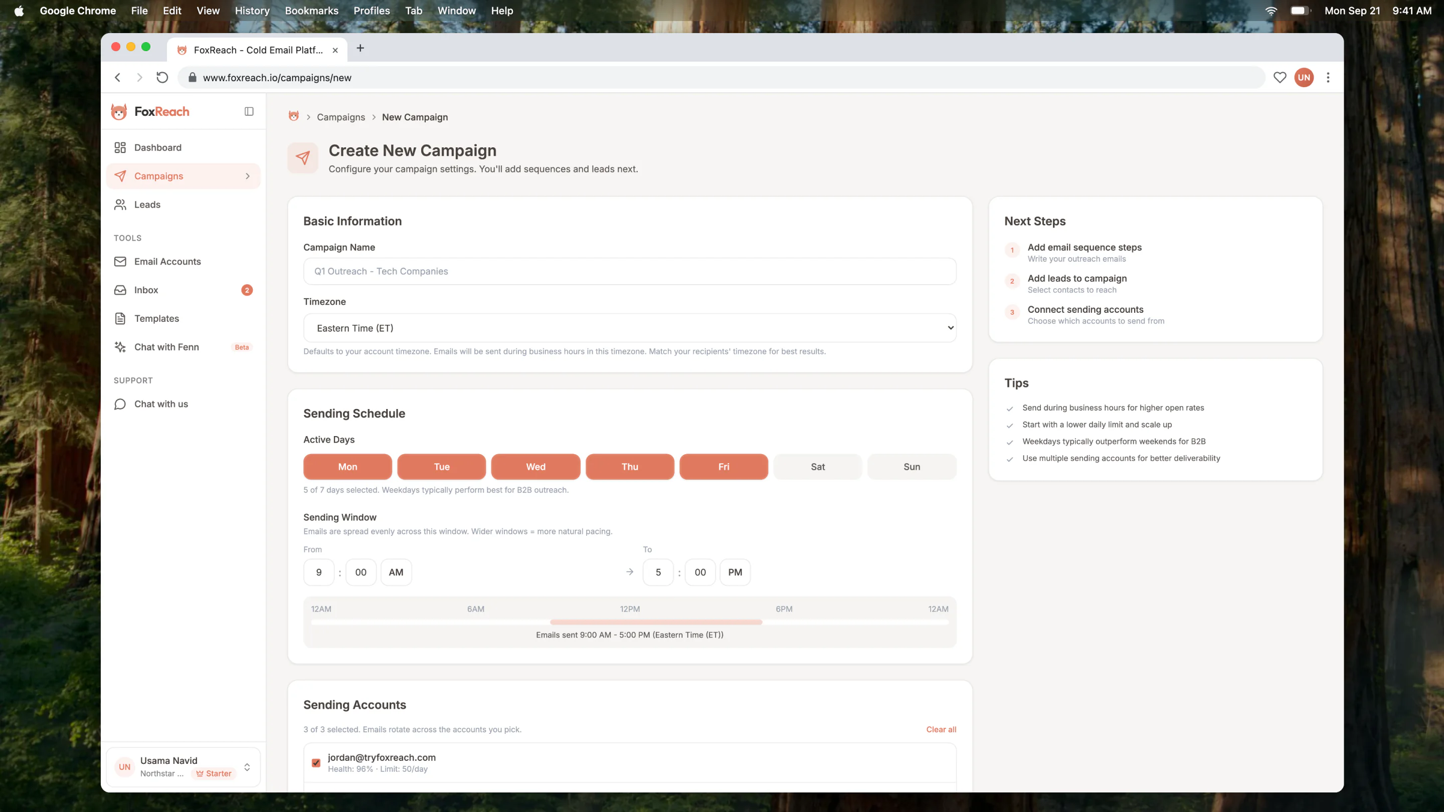 Campaign creation form with name, timezone, schedule, and daily limit