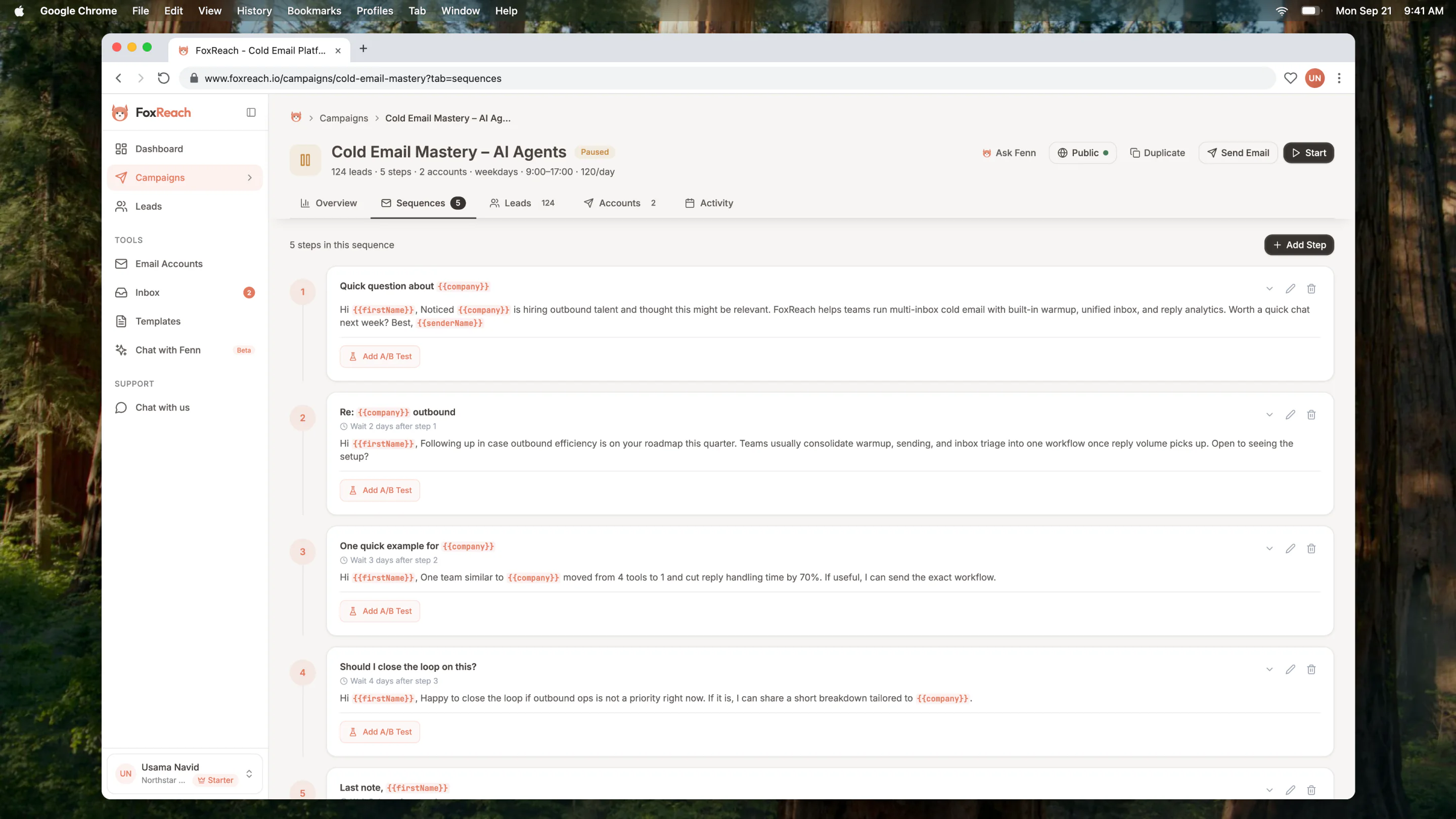 Sequence builder showing five campaign steps and delays