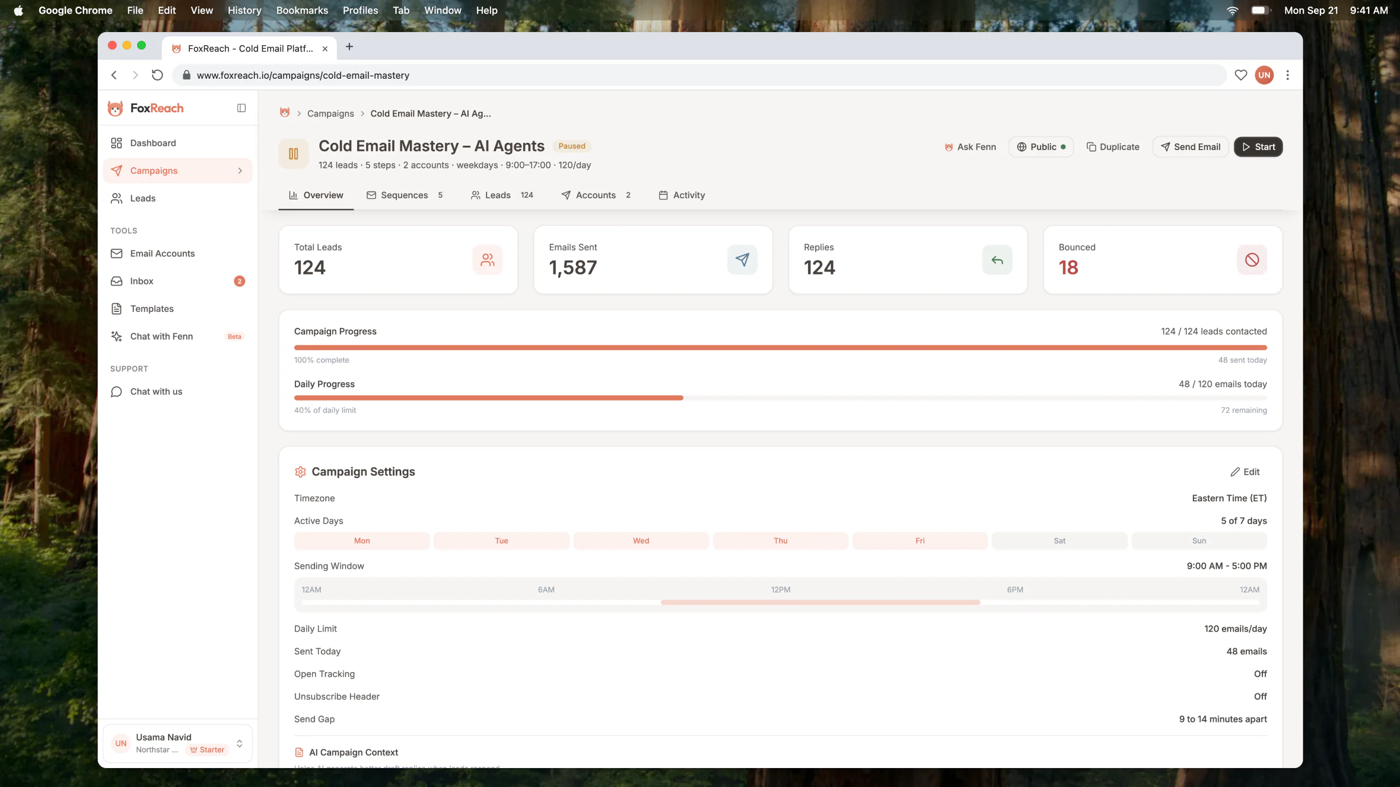 Campaign overview header with status badge, primary actions, and key stats