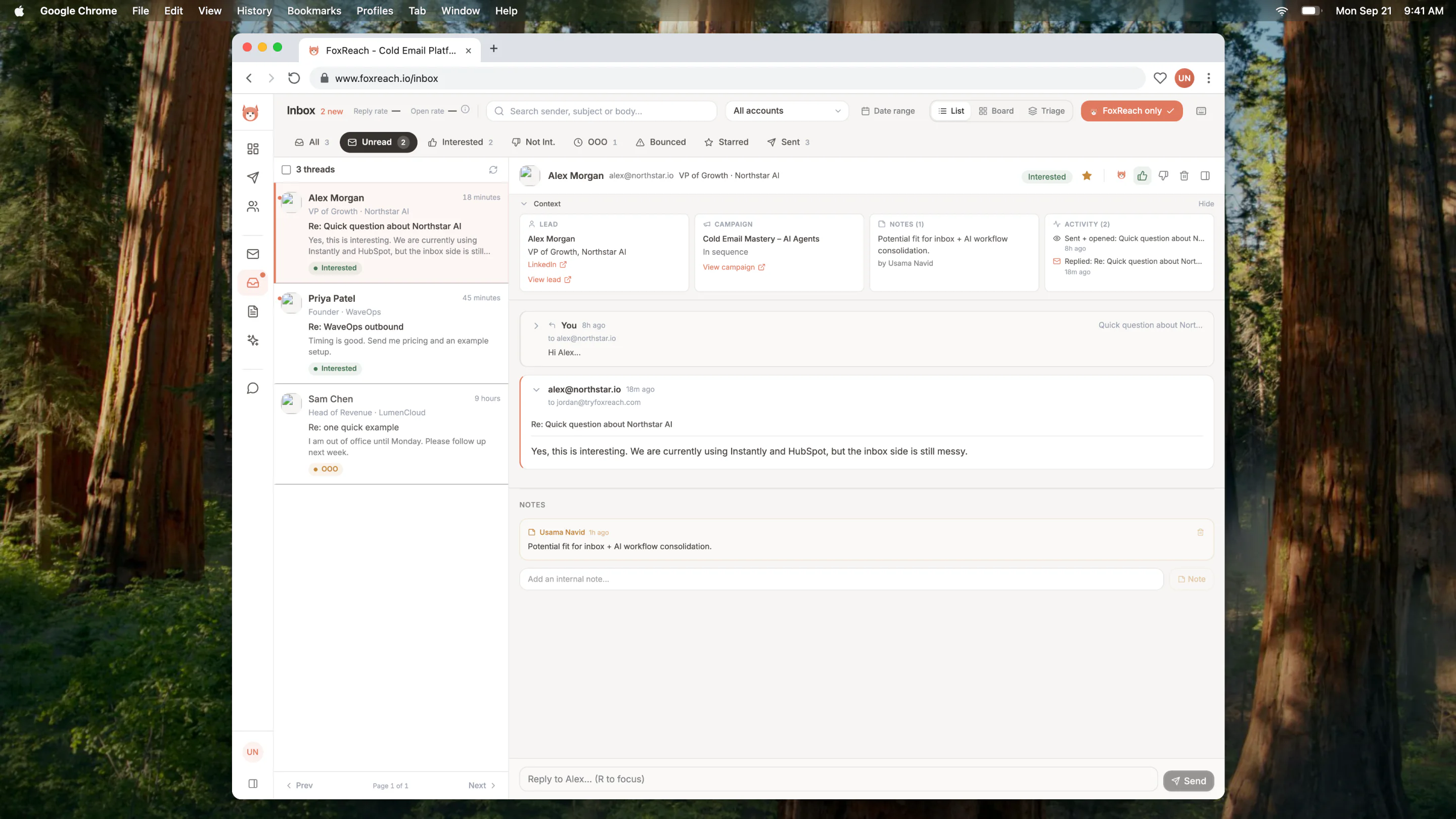 Unified inbox with thread list, filters, and selected conversation