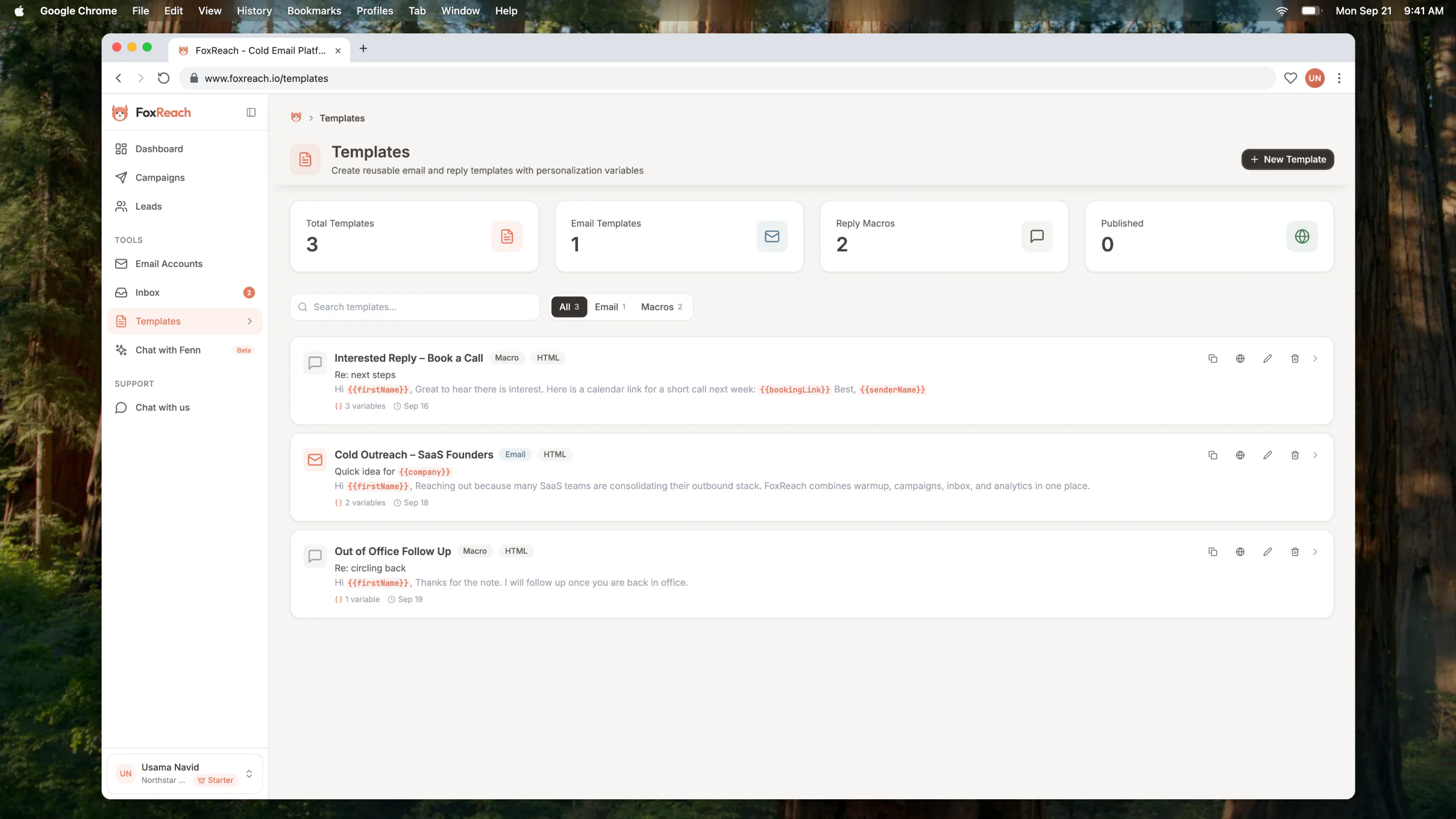 Templates page with reply macros and email templates