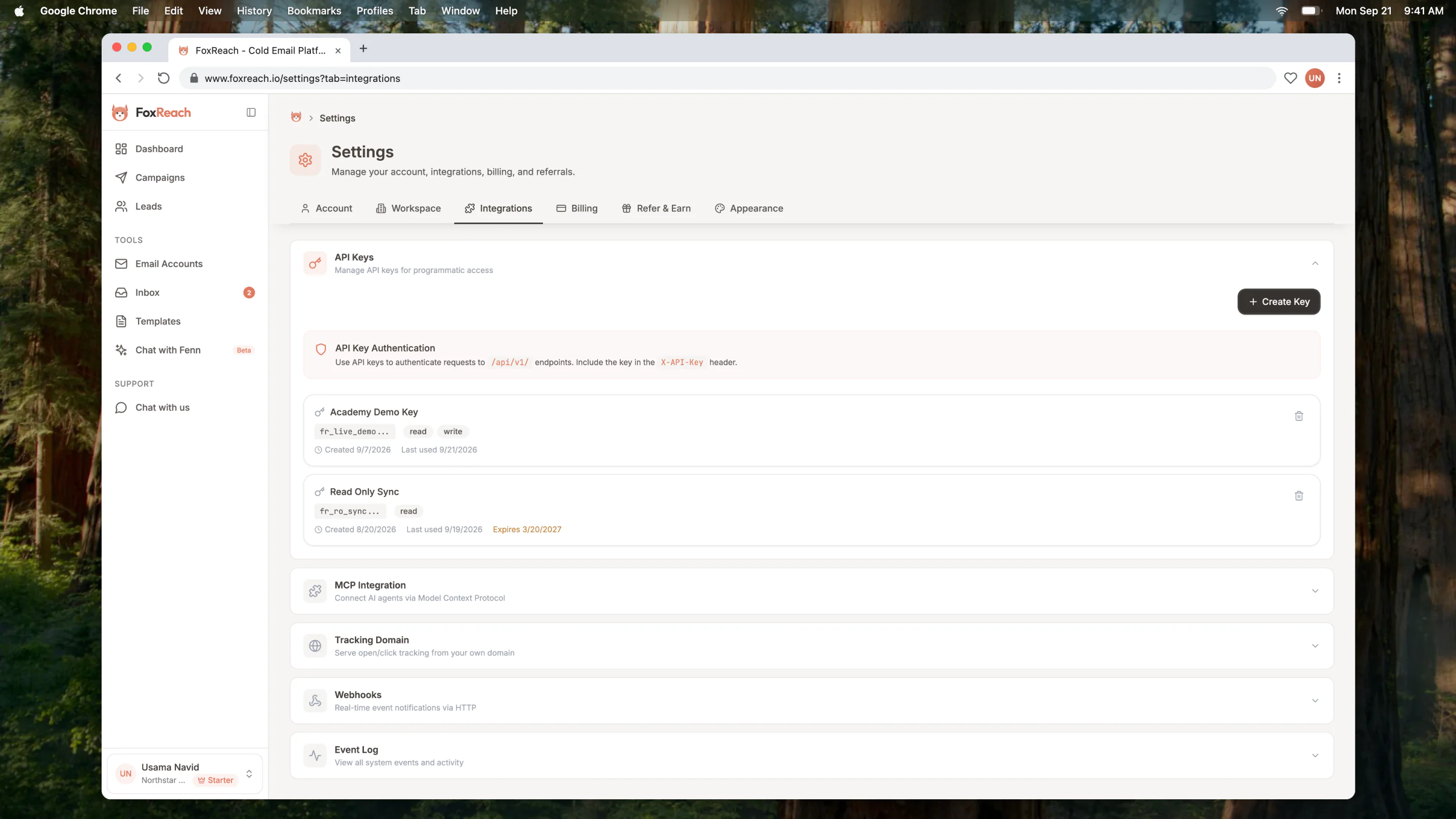 API keys page with key list and create button