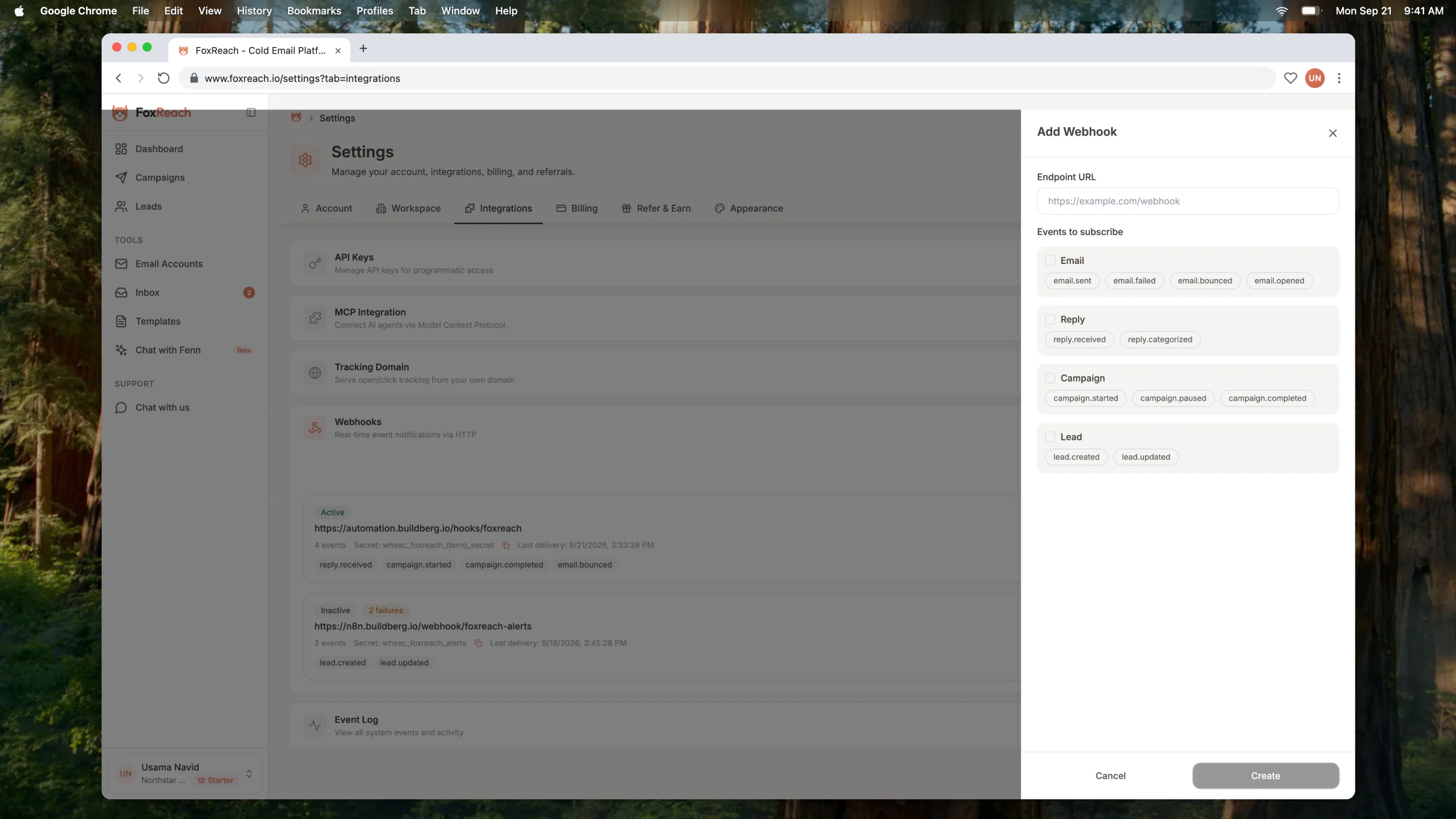 Webhook creation sheet with endpoint URL and event checkboxes